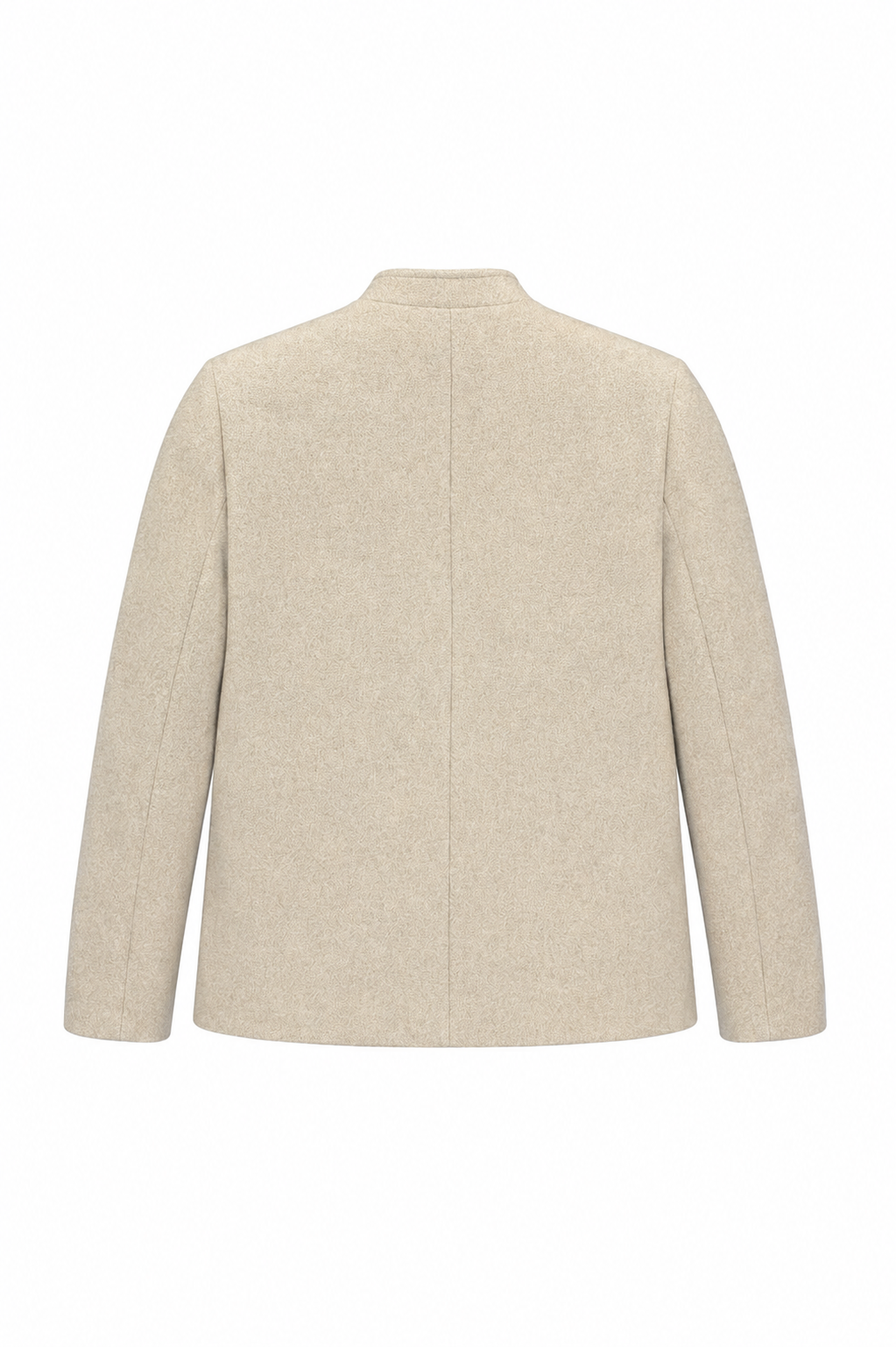 A light beige wool-blend jacket shown from the back, featuring a high mock neck collar and long sleeves, photographed against a solid white background.