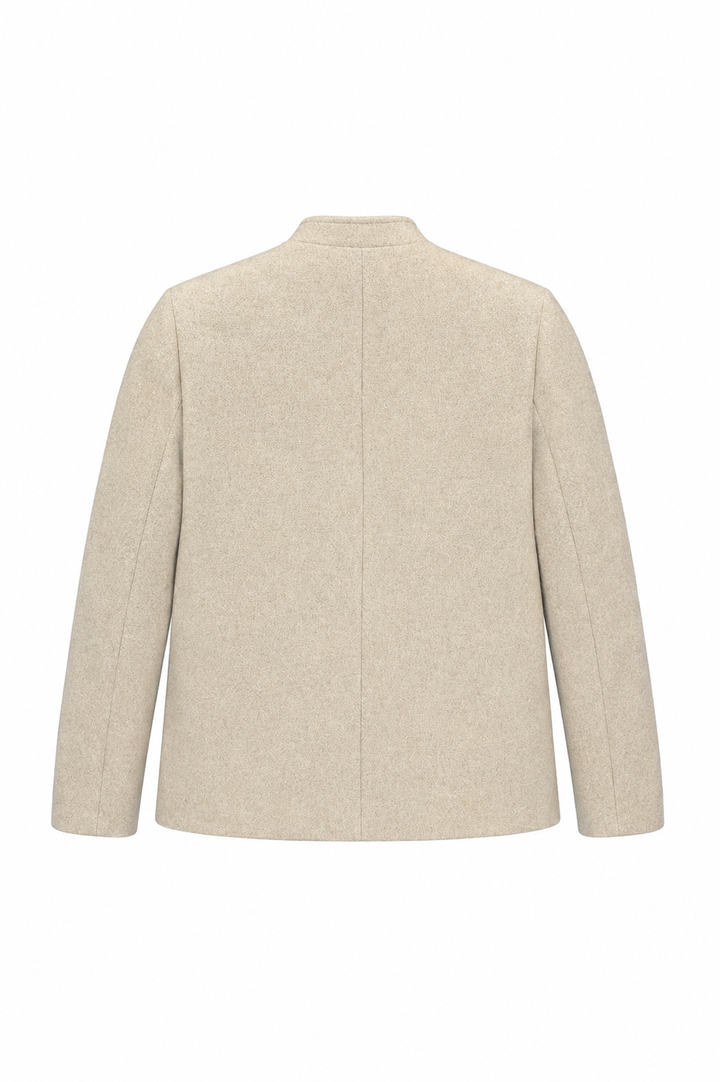A light beige wool-blend jacket shown from the back, featuring a high mock neck collar and long sleeves, photographed against a solid white background.