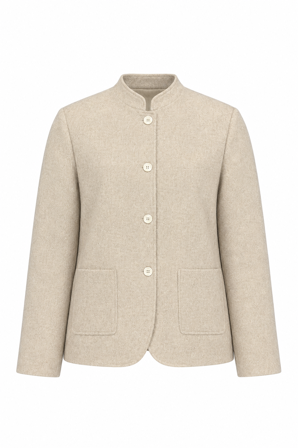 A light beige wool-blend jacket with a mandarin collar, three-button front closure, and two front patch pockets, shown on a plain white background.