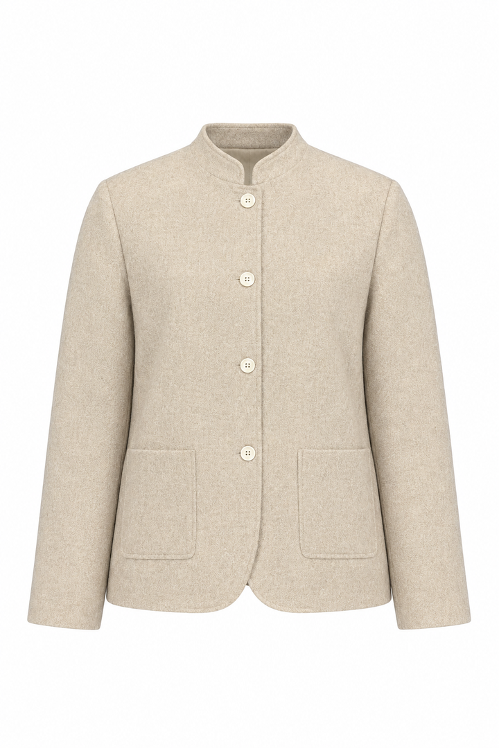 A light beige wool-blend jacket with a mandarin collar, three-button front closure, and two front patch pockets, shown on a plain white background.