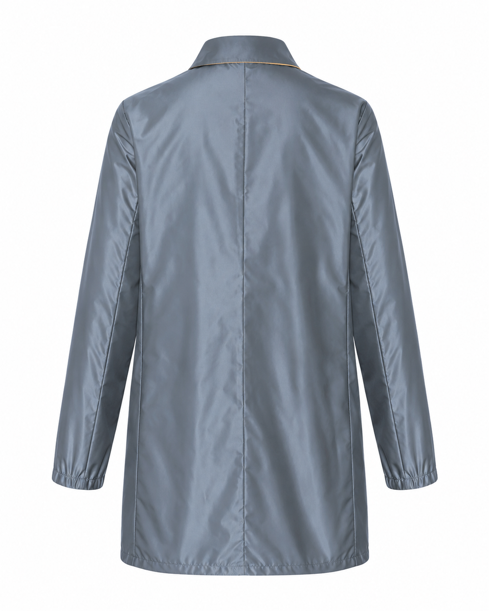 A light gray long-sleeve jacket shown from the back, featuring a central seam, a pointed collar with a thin gold trim, and elastic cuffs, set against a plain white background.