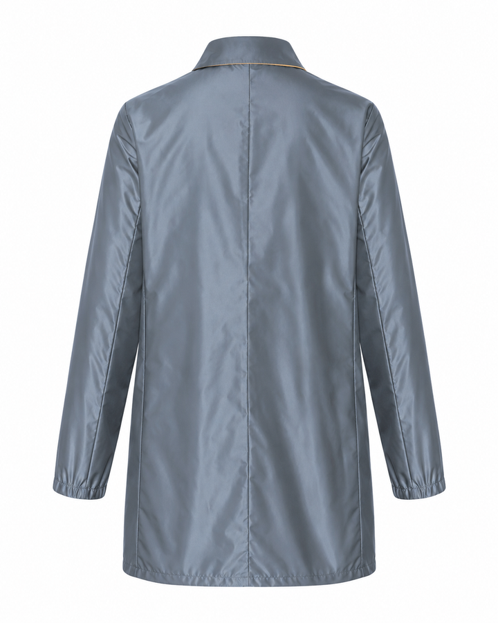 A light gray long-sleeve jacket shown from the back, featuring a central seam, a pointed collar with a thin gold trim, and elastic cuffs, set against a plain white background.