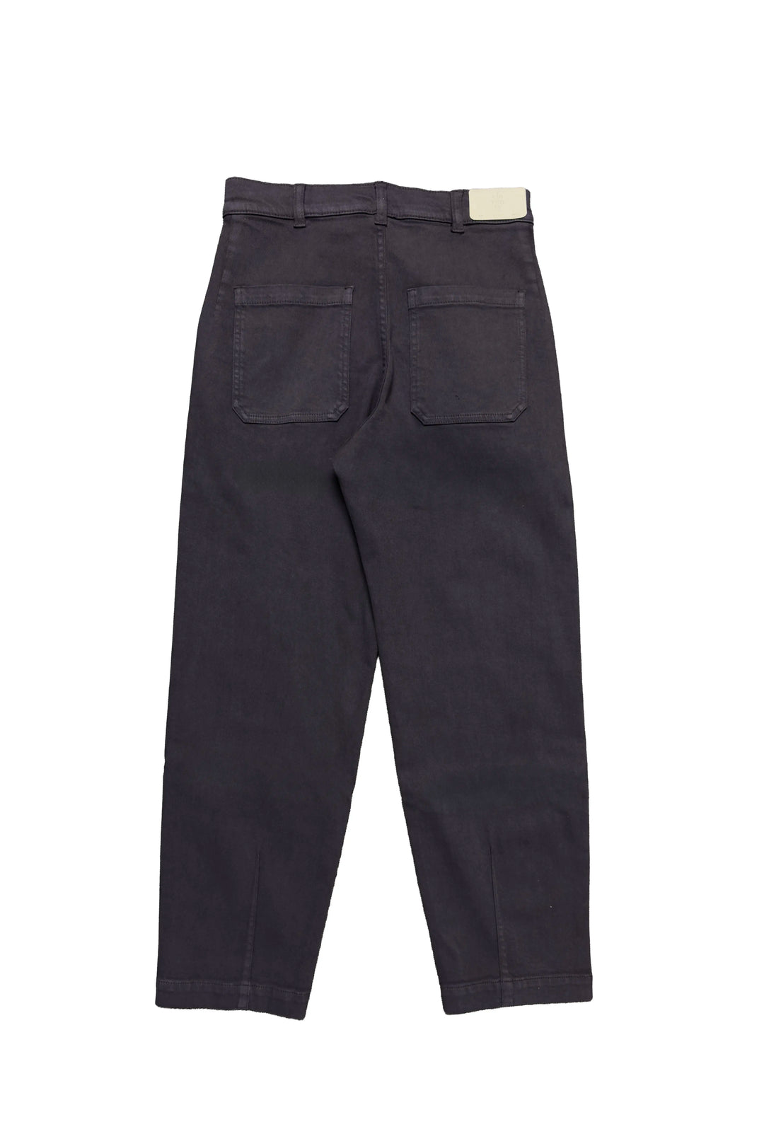 A pair of dark charcoal gray slim-fit jeans shown from the back, featuring two back patch pockets and a light beige brand label at the back waistband, set against a plain white background.