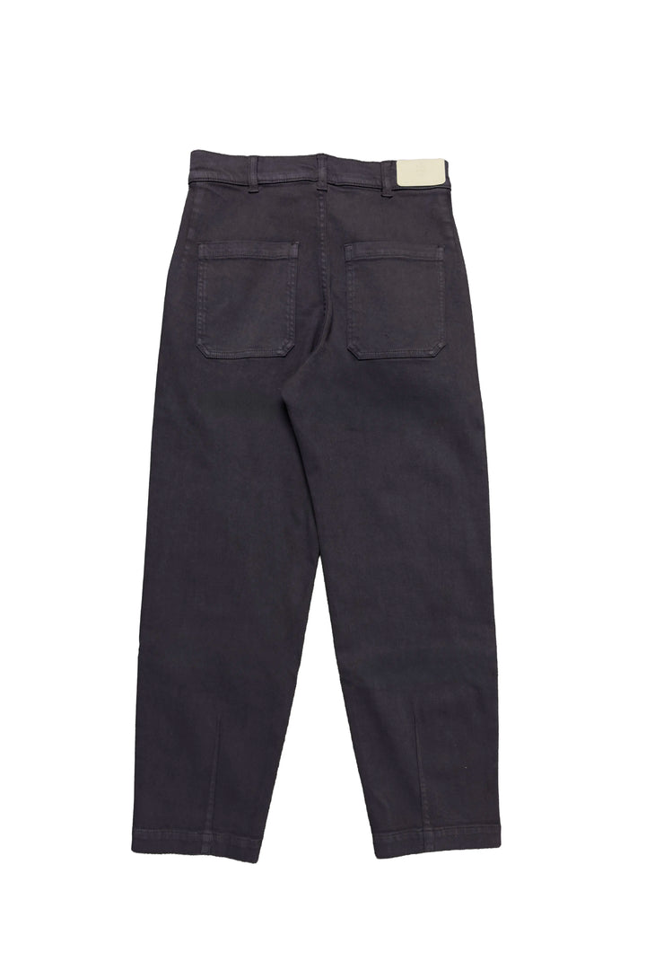 A pair of dark charcoal gray slim-fit jeans shown from the back, featuring two back patch pockets and a light beige brand label at the back waistband, set against a plain white background.
