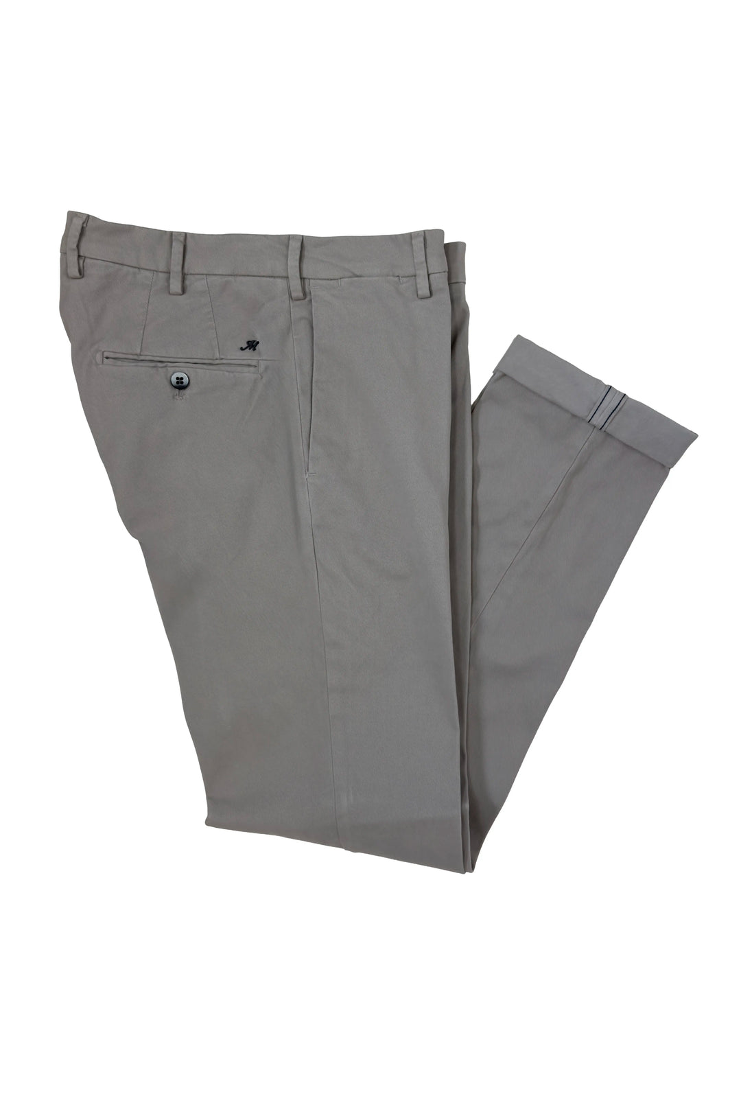 A pair of folded gray dress pants with a single back pocket and belt loops, displayed on a solid white background.
