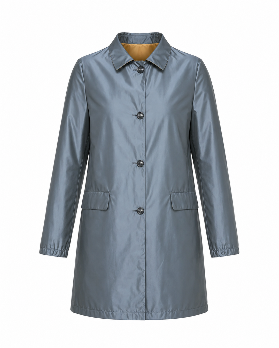 A slate blue-gray raincoat with a pointed collar, front button closure, and two front flap pockets, shown on a plain white background.