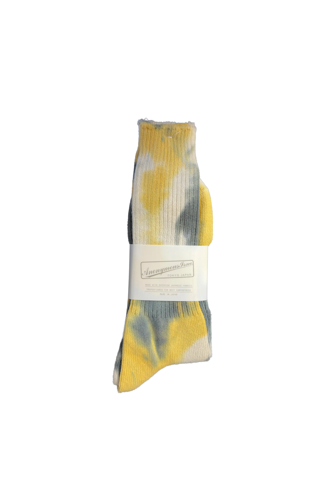 Tie-dye sock with a white label on a white background