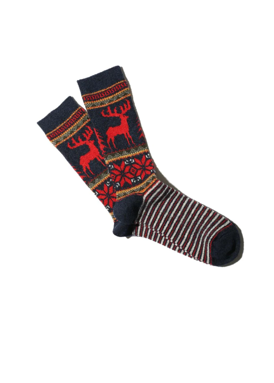 Pair of socks with reindeer pattern on a white background