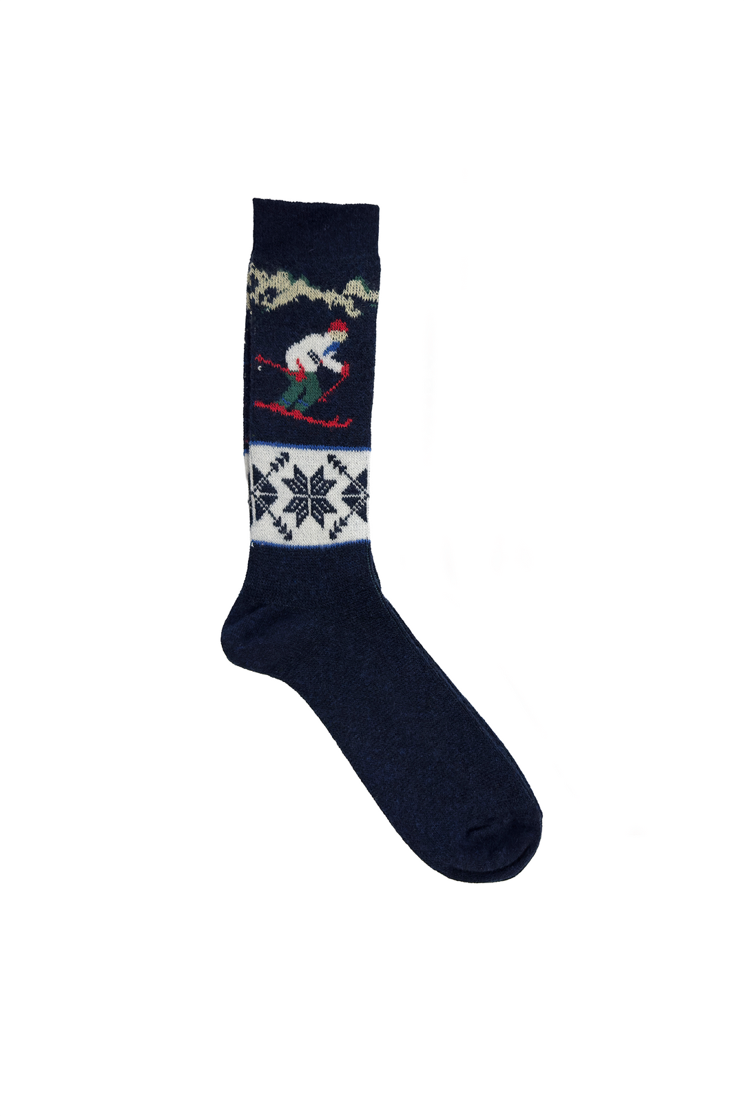 Navy blue sock with a skiing design on a white background