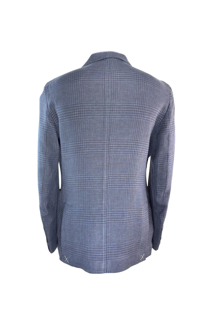 Back view of a blue checkered suit jacket on a white background
