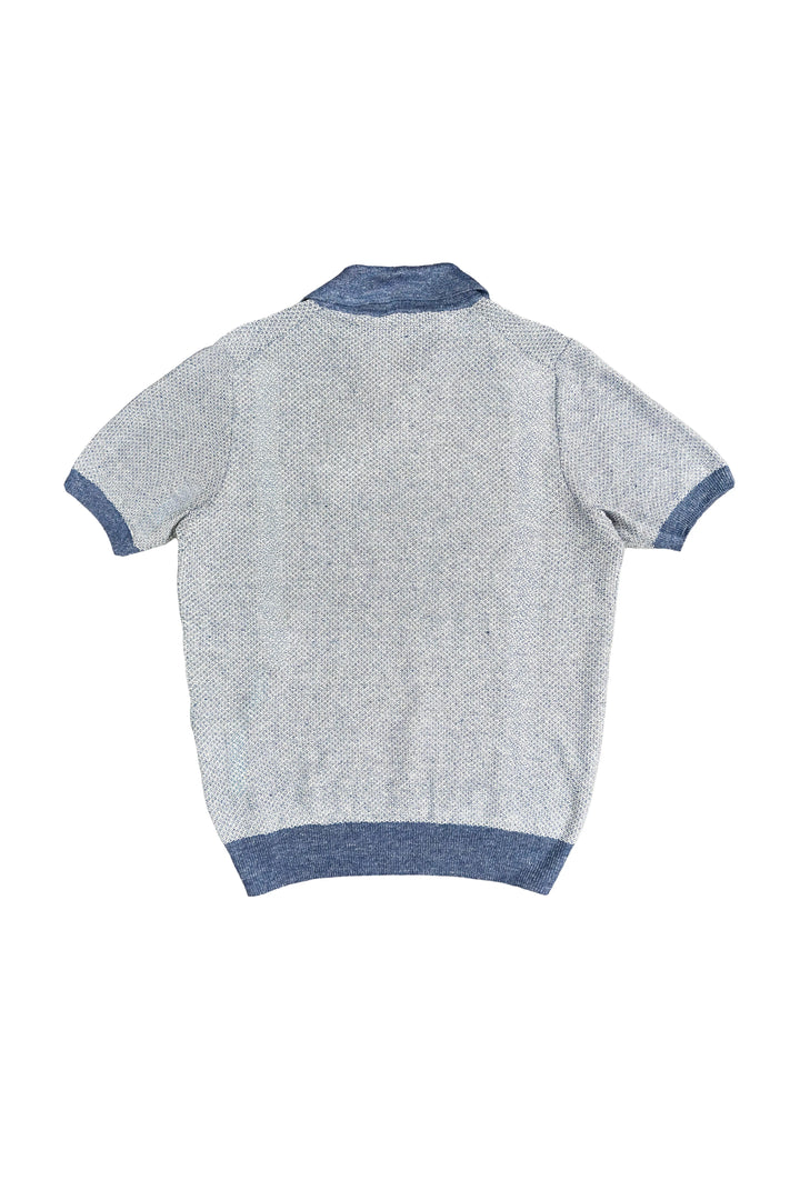 Back view of a gray sweater with blue trim on a white background