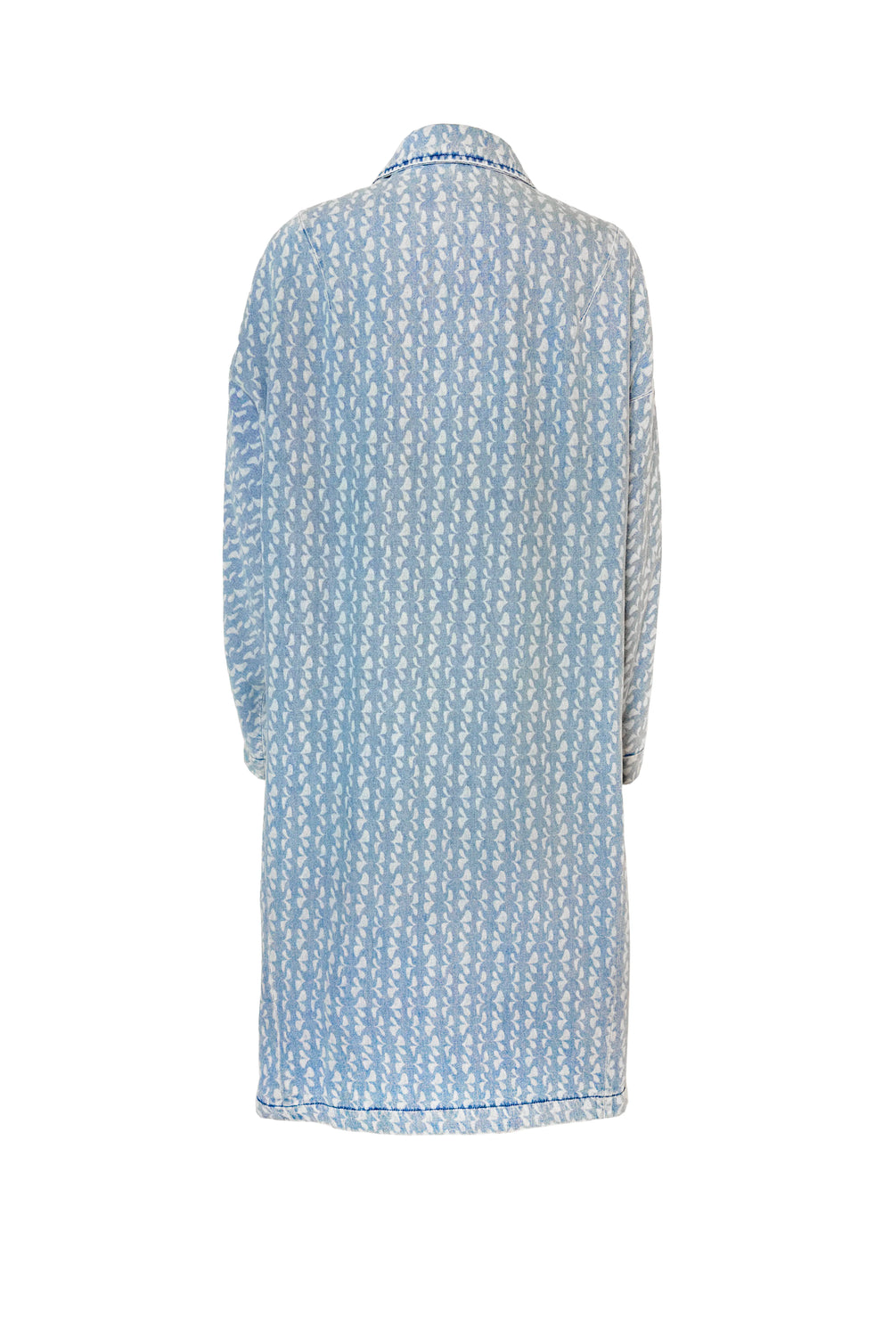Back view of a light blue patterned shirt on a white background