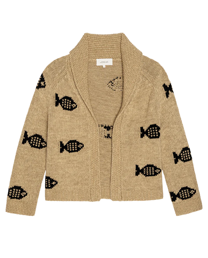 Beige cardigan with black fish patterns on a white background
