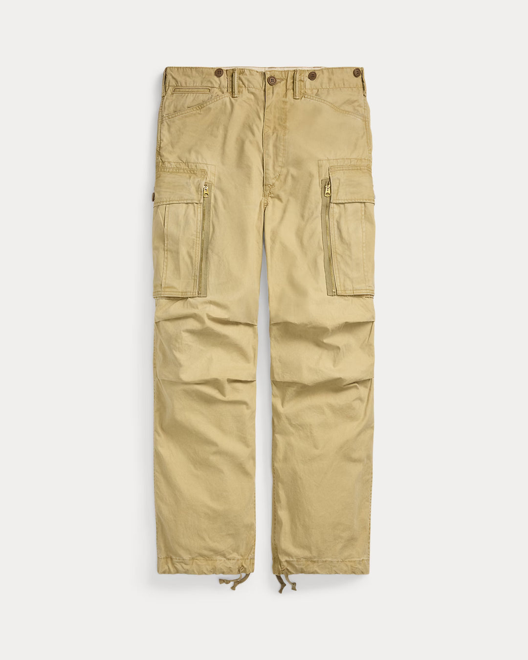 Beige cargo pants on a white background