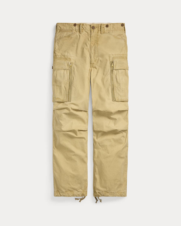 Beige cargo pants on a white background