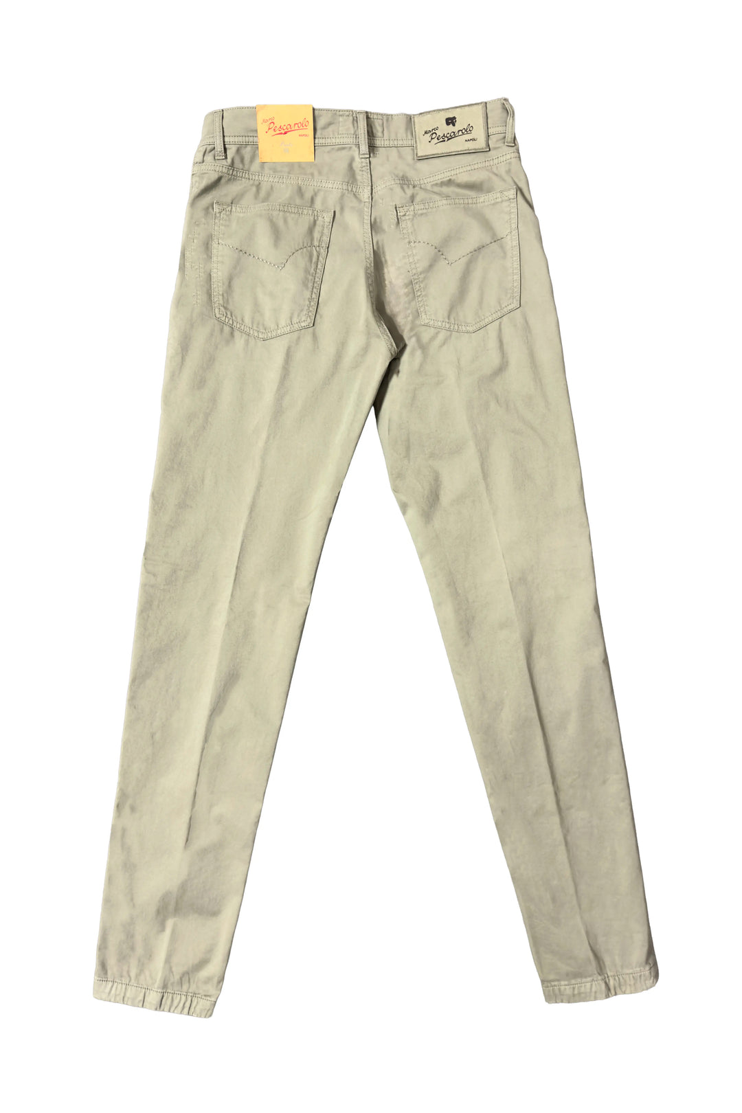 Beige pants with a brand label on a white background
