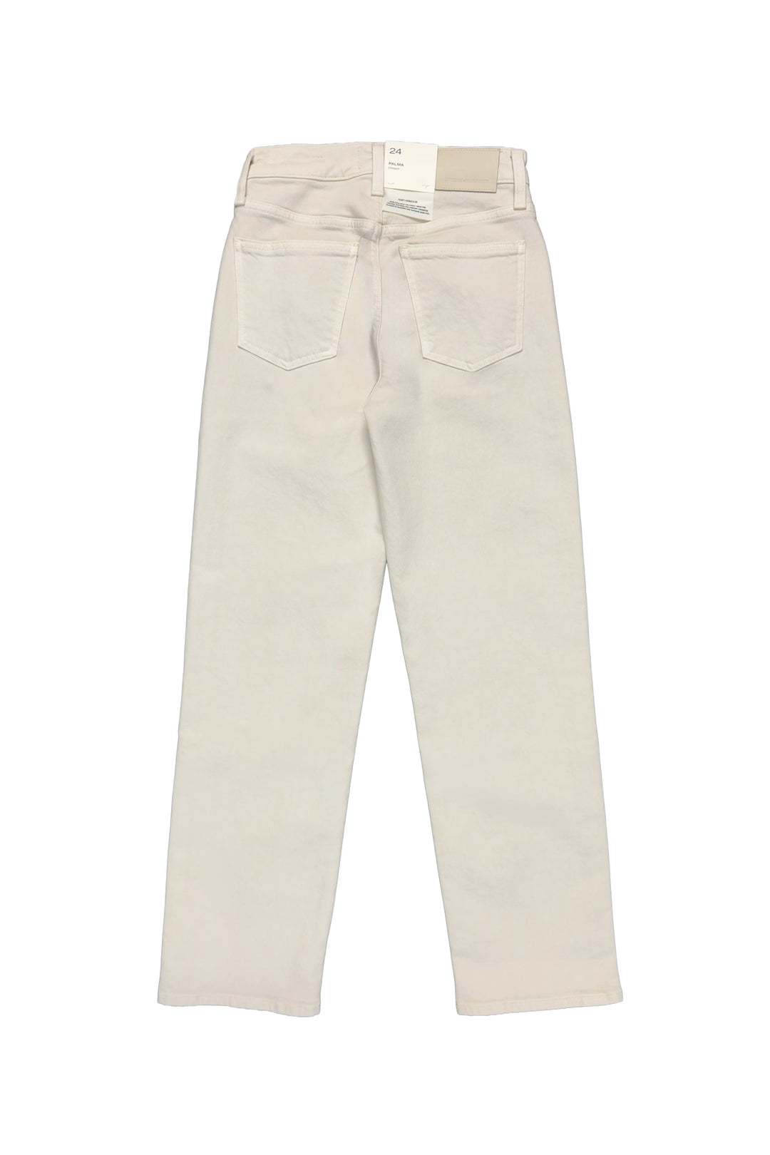 Beige pants with a tag on a white background
