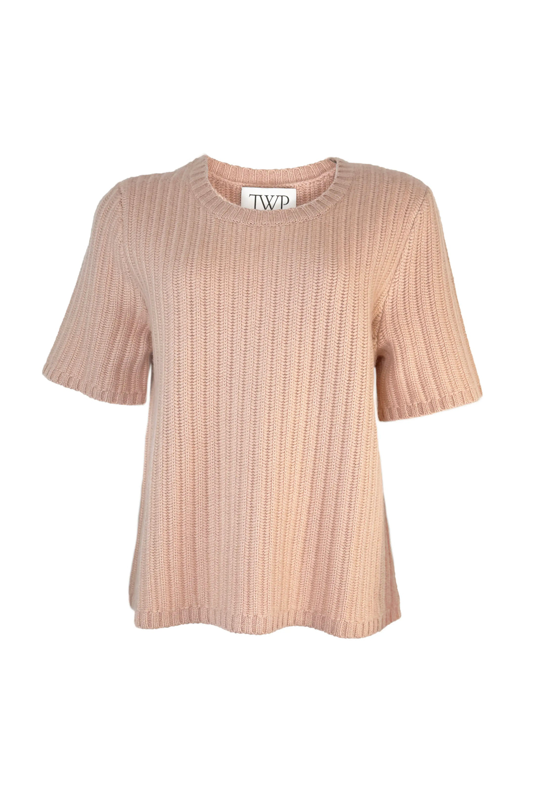 Beige ribbed knit t-shirt with 'TWP' label on a white background