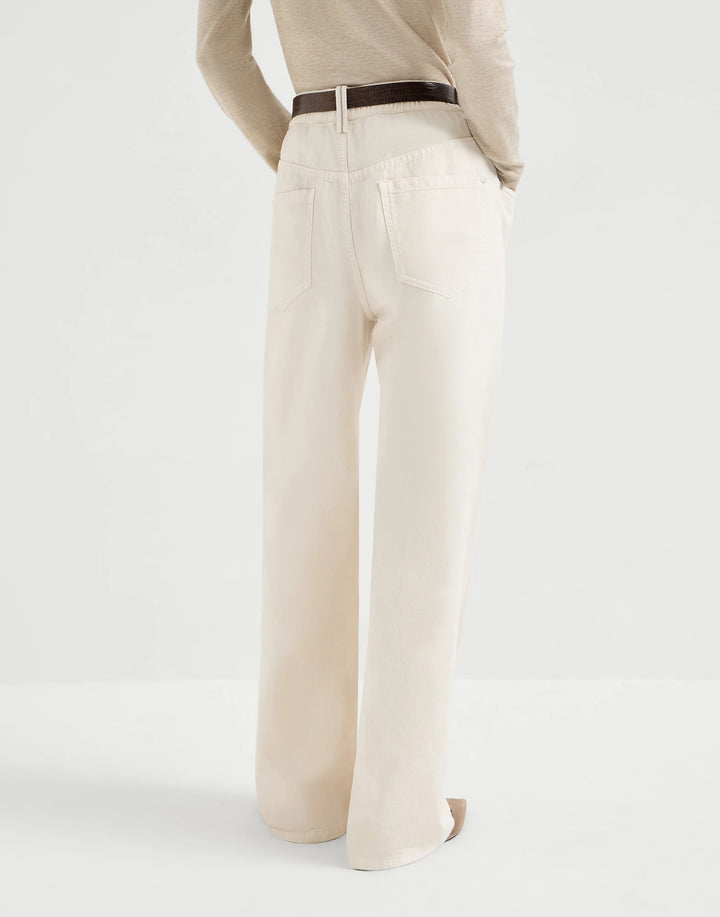 Beige wide-leg pants worn by a person on a white background