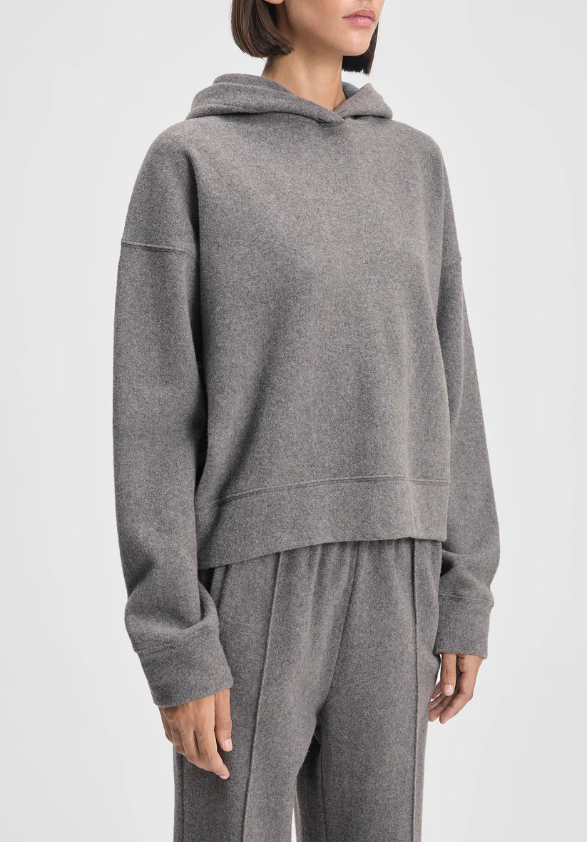 Person wearing a gray hoodie and pants on a white background