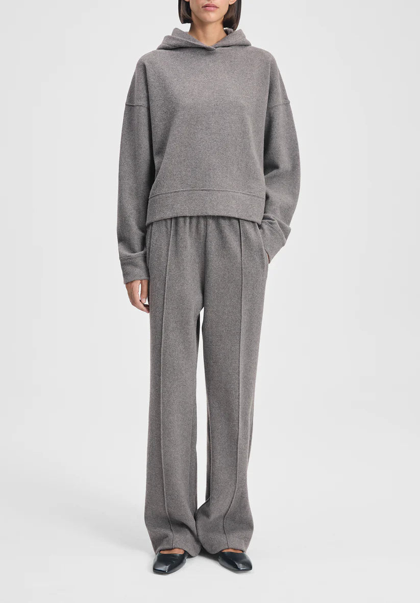 Person wearing a gray hoodie and pants set on a white background