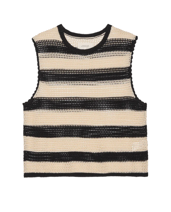 Black and beige striped sleeveless top on a white background