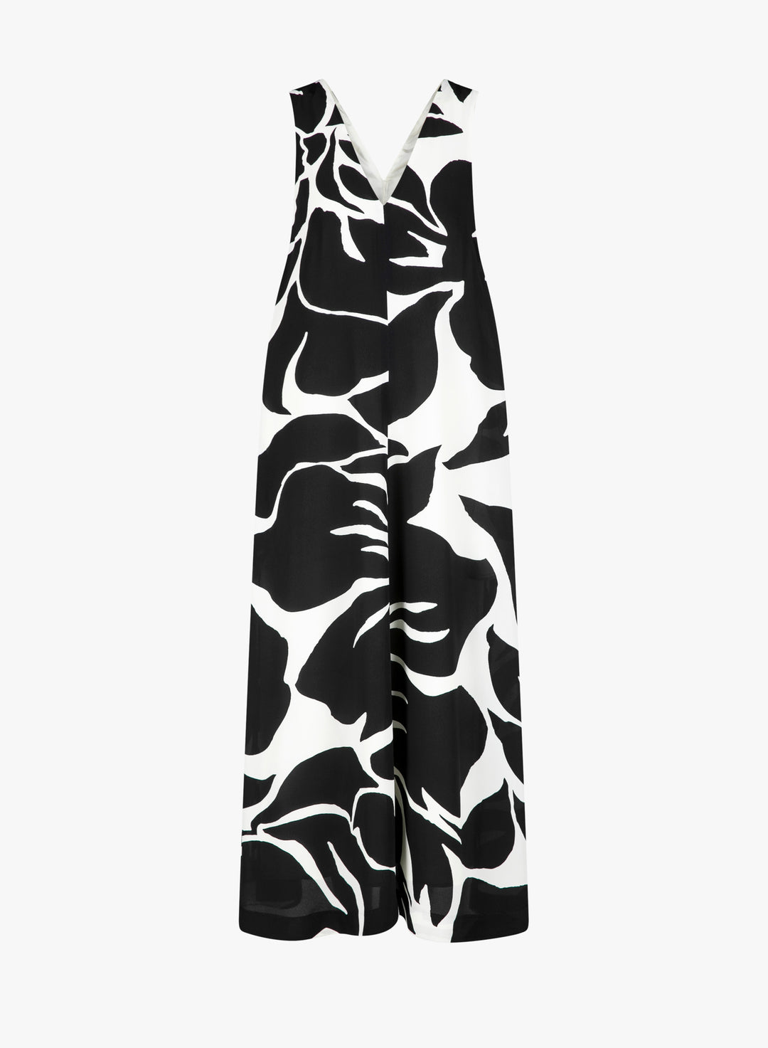 Black and white floral patterned jumpsuit on a white background