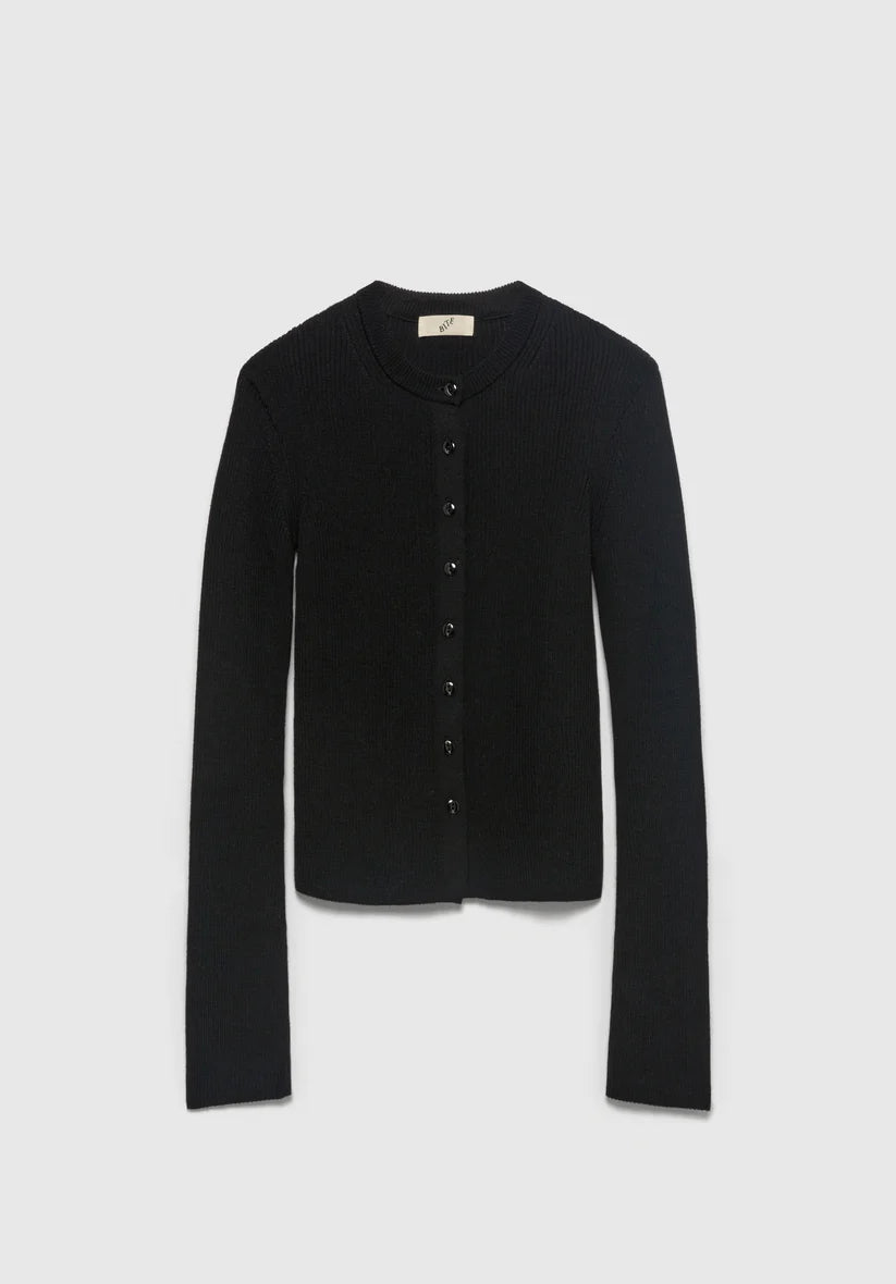 Black cardigan on a light gray background