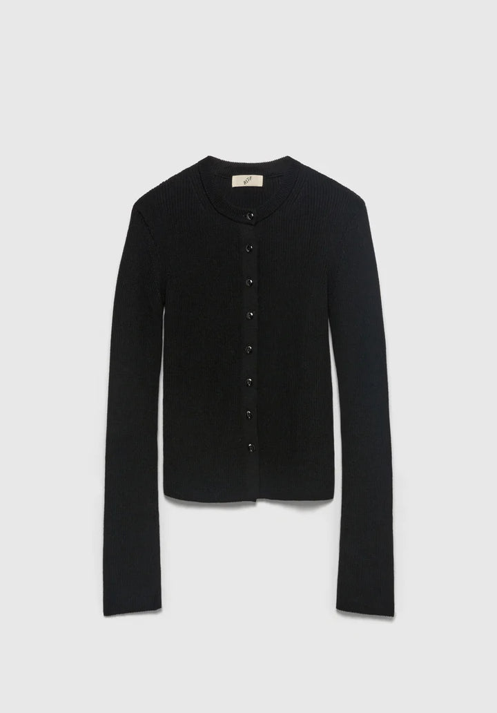 Black cardigan on a light gray background
