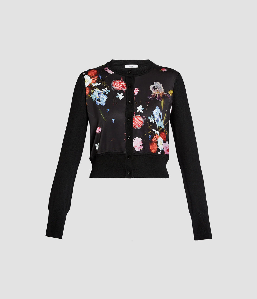 Black cardigan with colorful floral embroidery on a light gray background