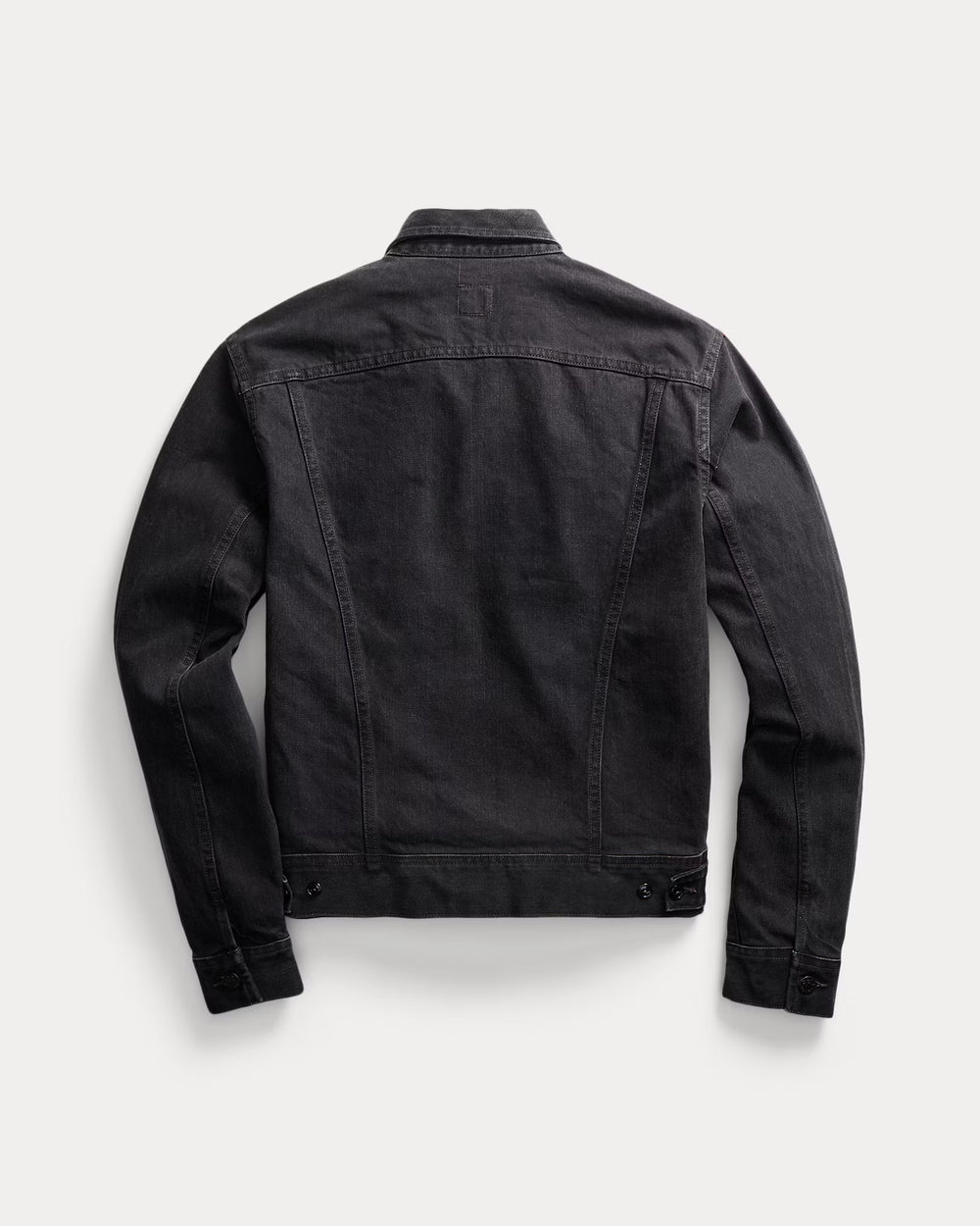 Black denim jacket on a light gray background