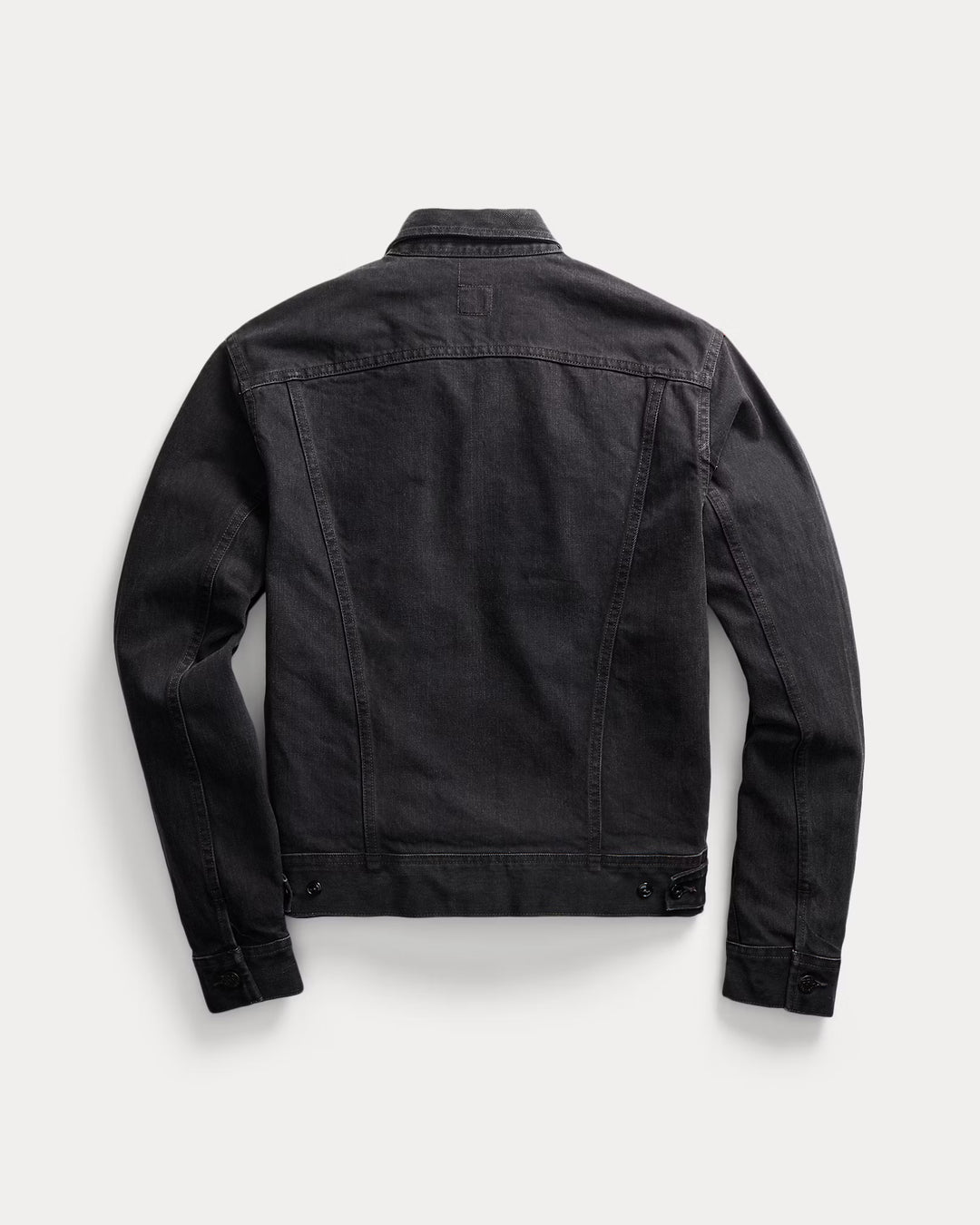 Black denim jacket on a light gray background