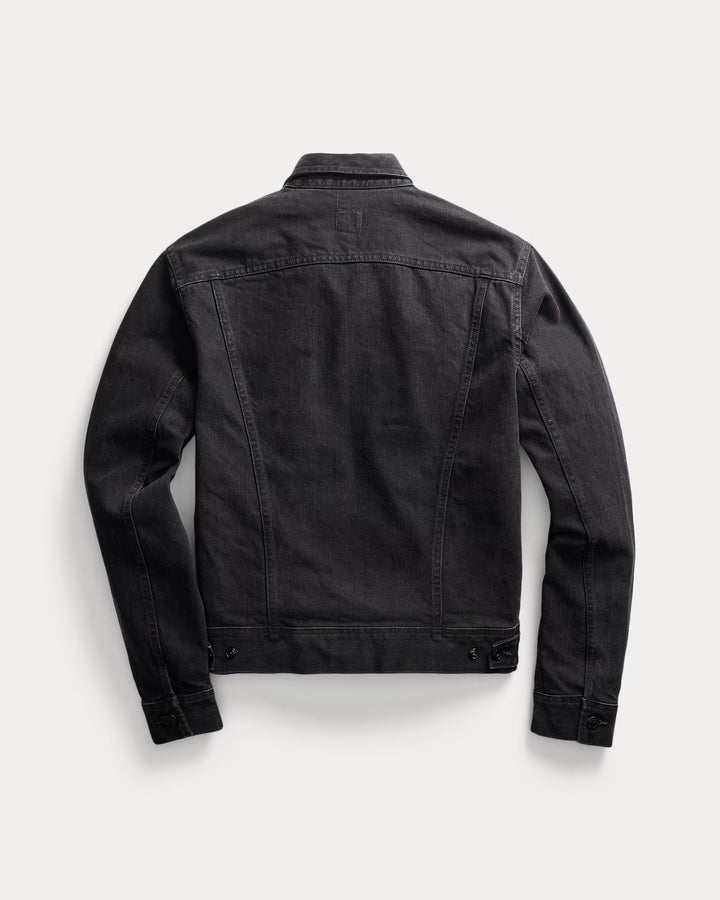 Black denim jacket on a light gray background