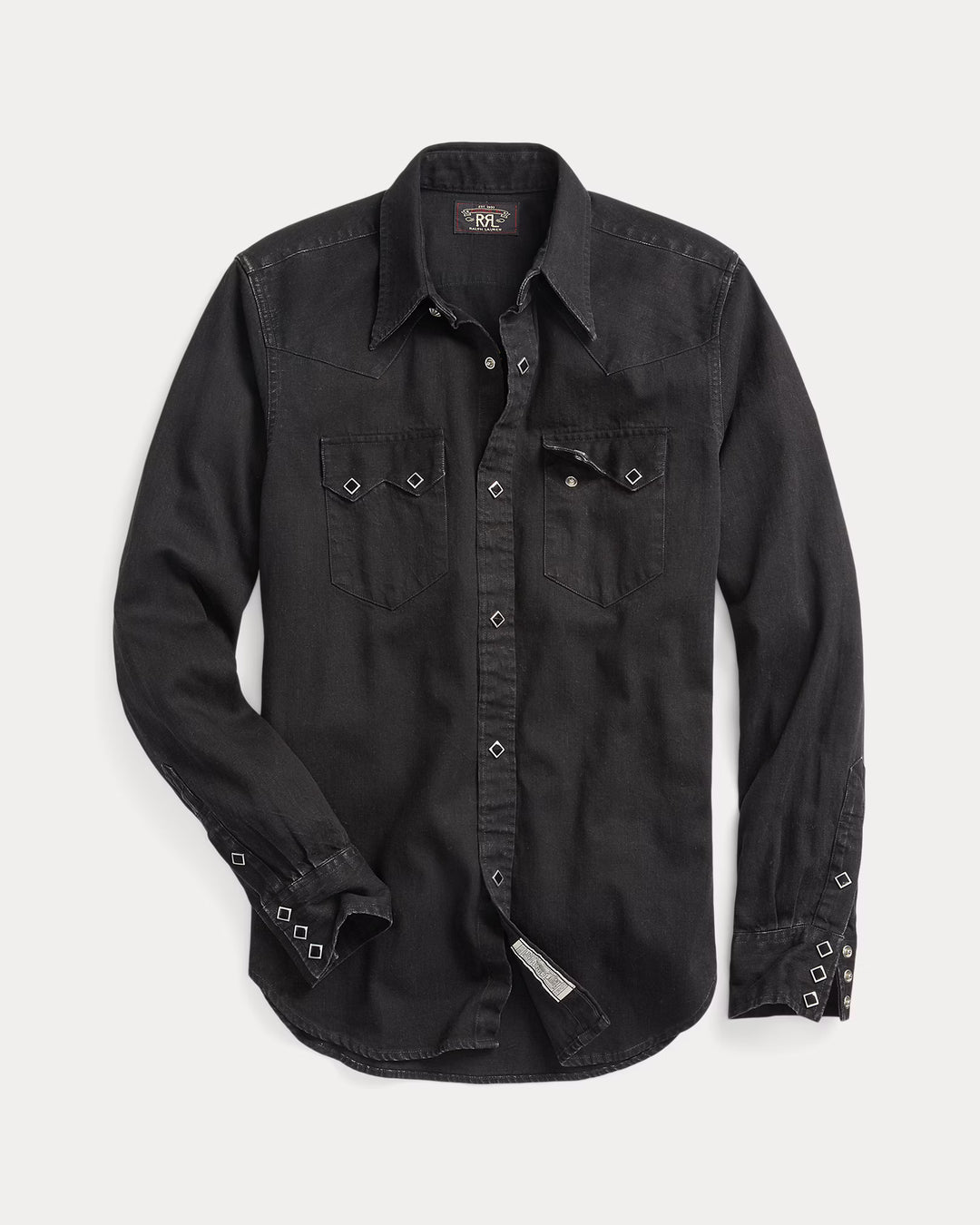 Black denim shirt on a light gray background