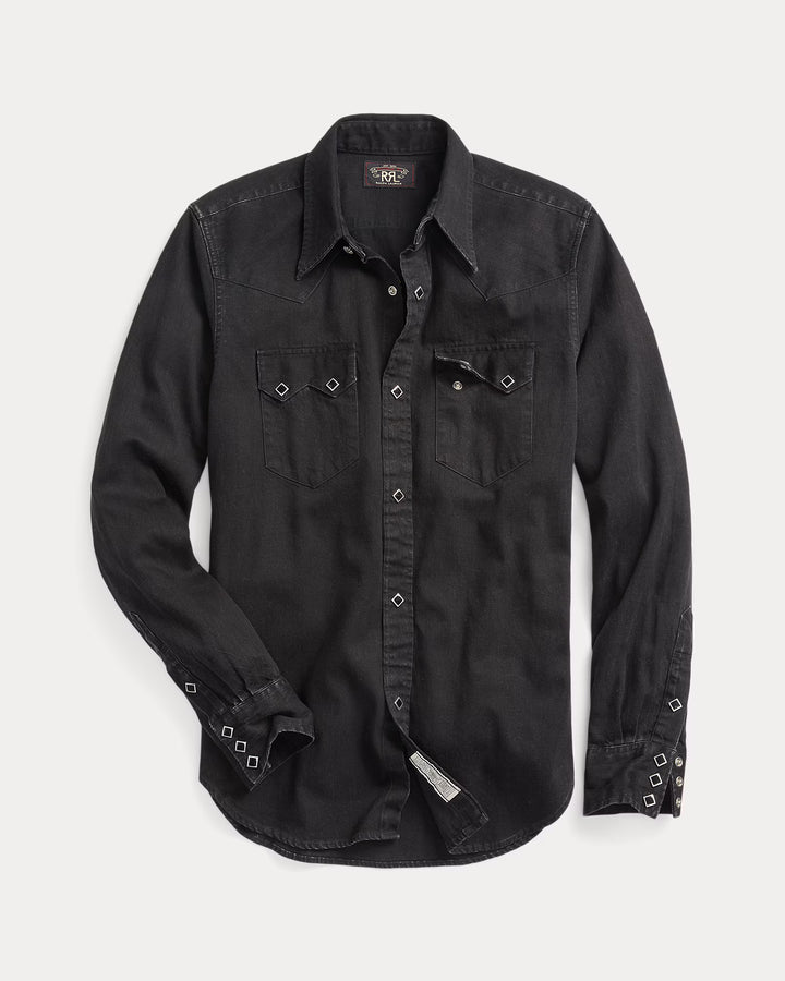 Black denim shirt on a light gray background