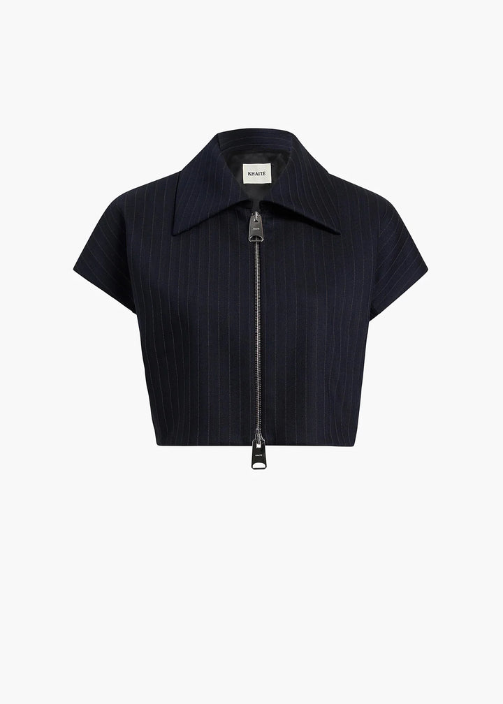 Black short-sleeve jacket with a zipper on a white background