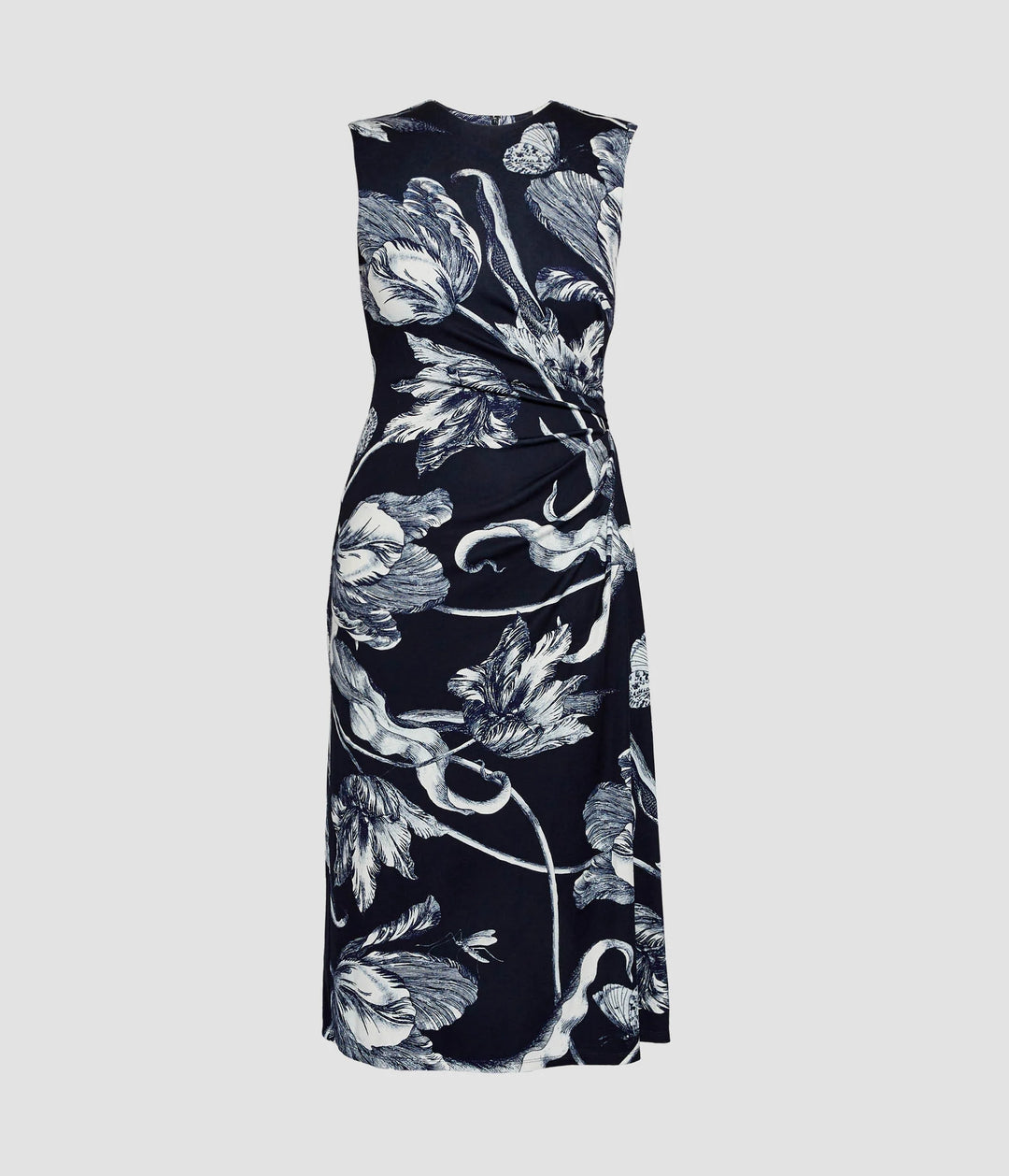 Black sleeveless dress with white floral pattern on a light gray background