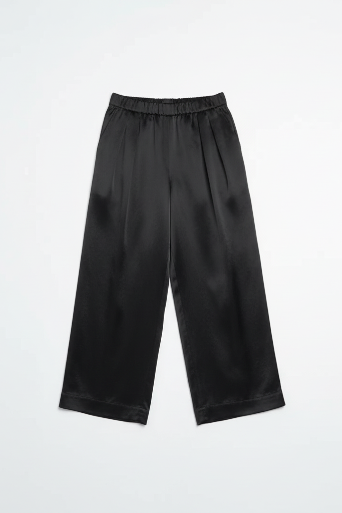 Black wide-leg pants on a white background