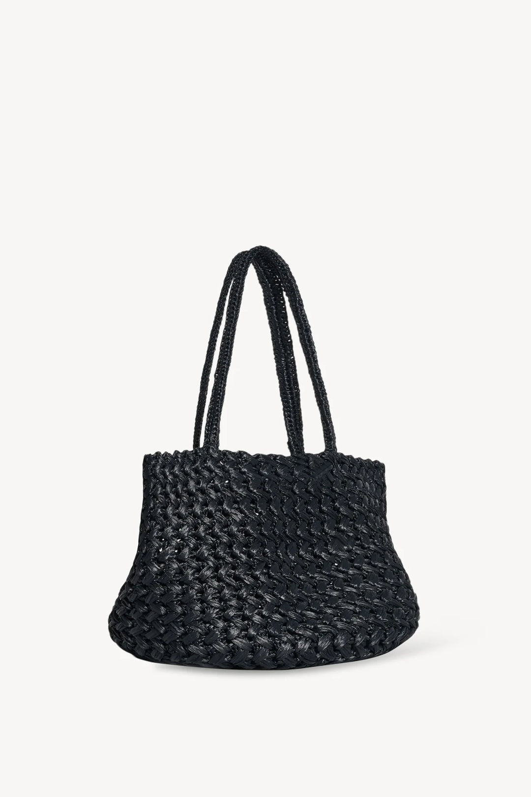 Black woven handbag on a white background
