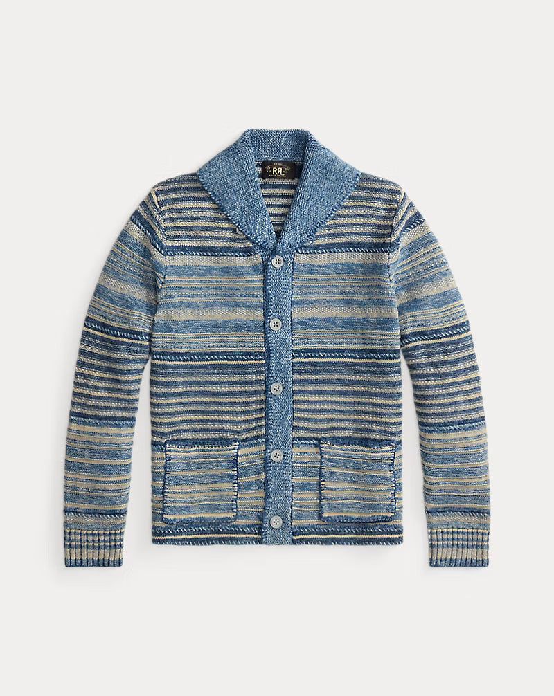 Blue and beige striped cardigan on a white background