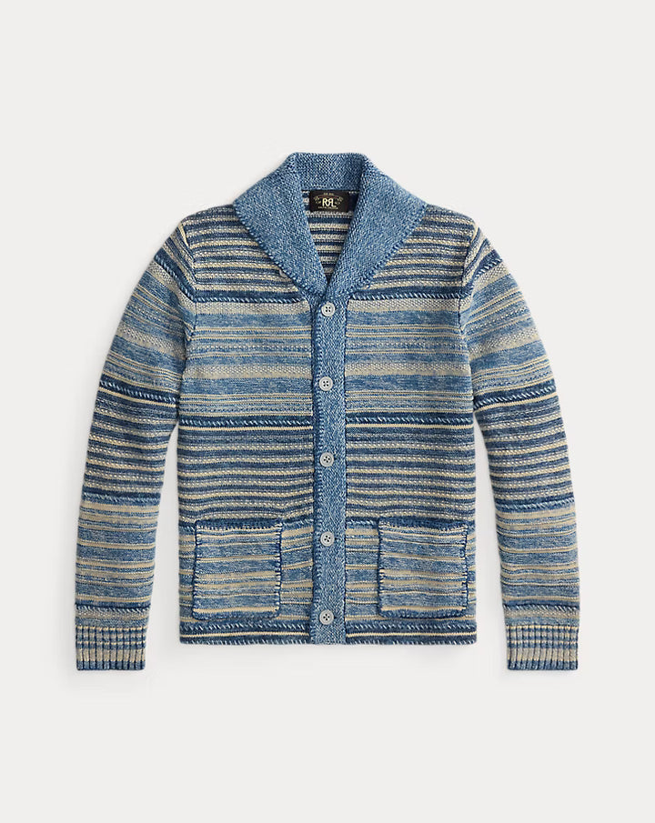 Blue and beige striped cardigan on a white background