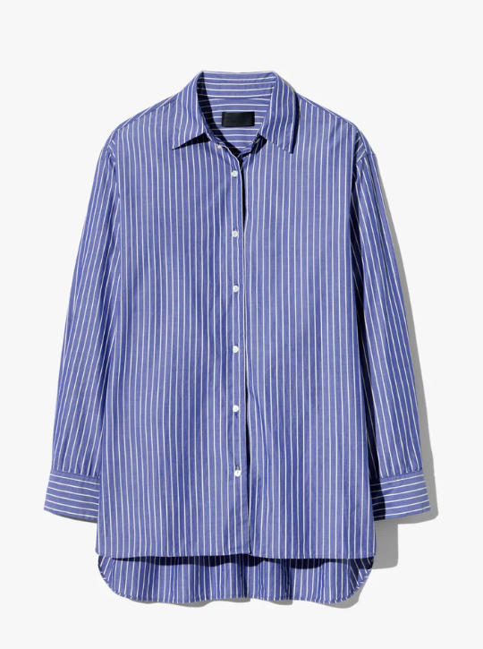 Blue and white striped shirt on a light gray background