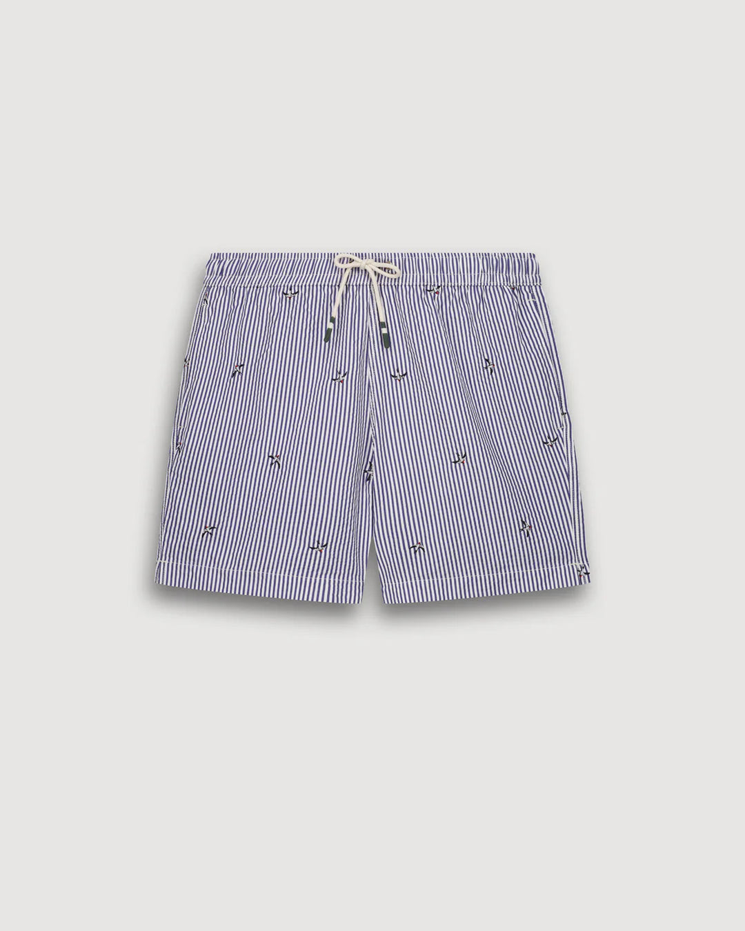 Blue and white striped shorts with a subtle pattern on a light gray background