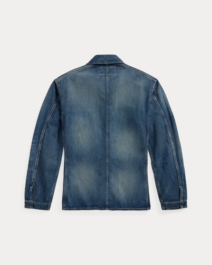 Blue denim jacket on a white background