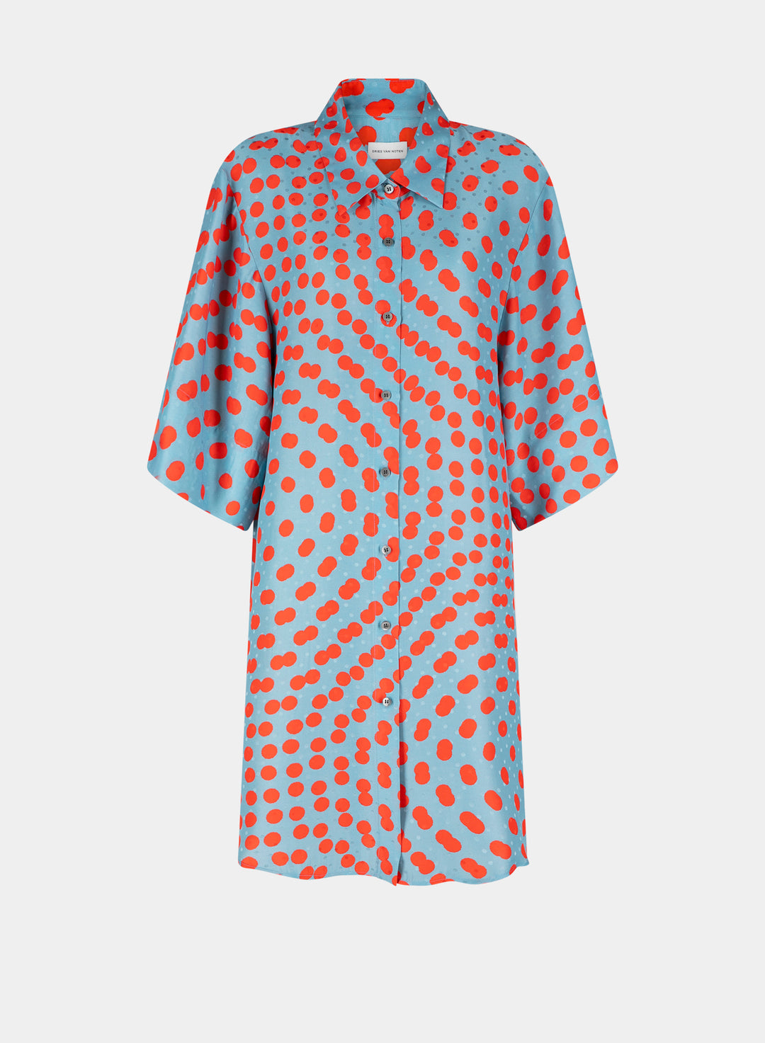 Blue dress with red pattern on a white background