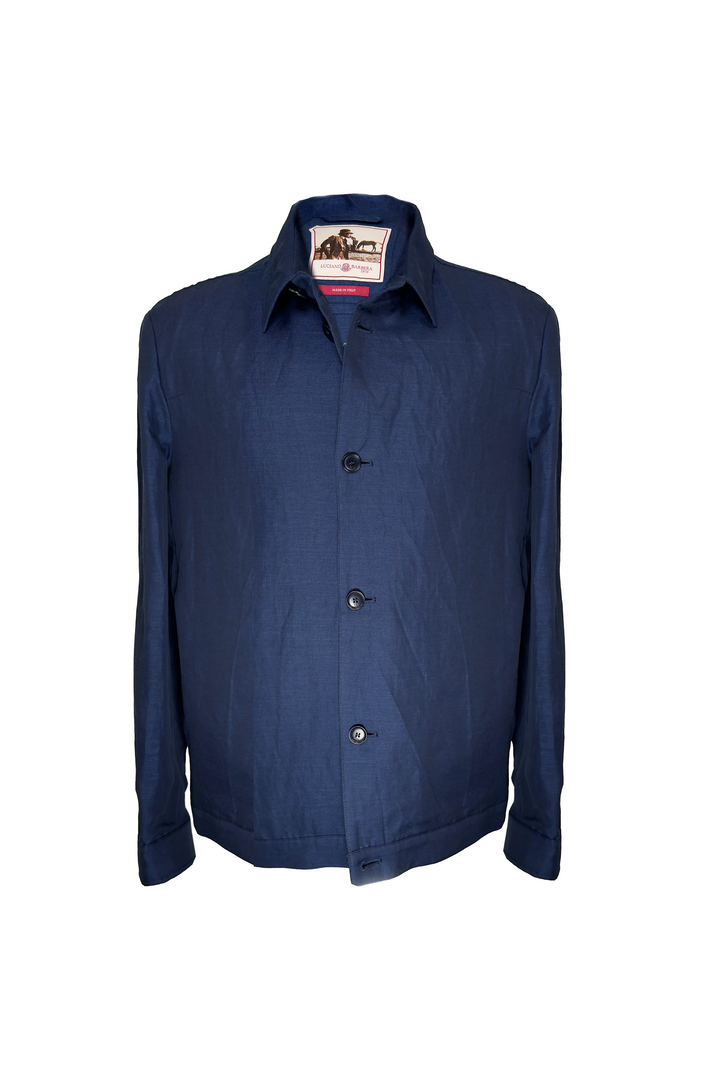 Blue jacket with a brand label on a white background