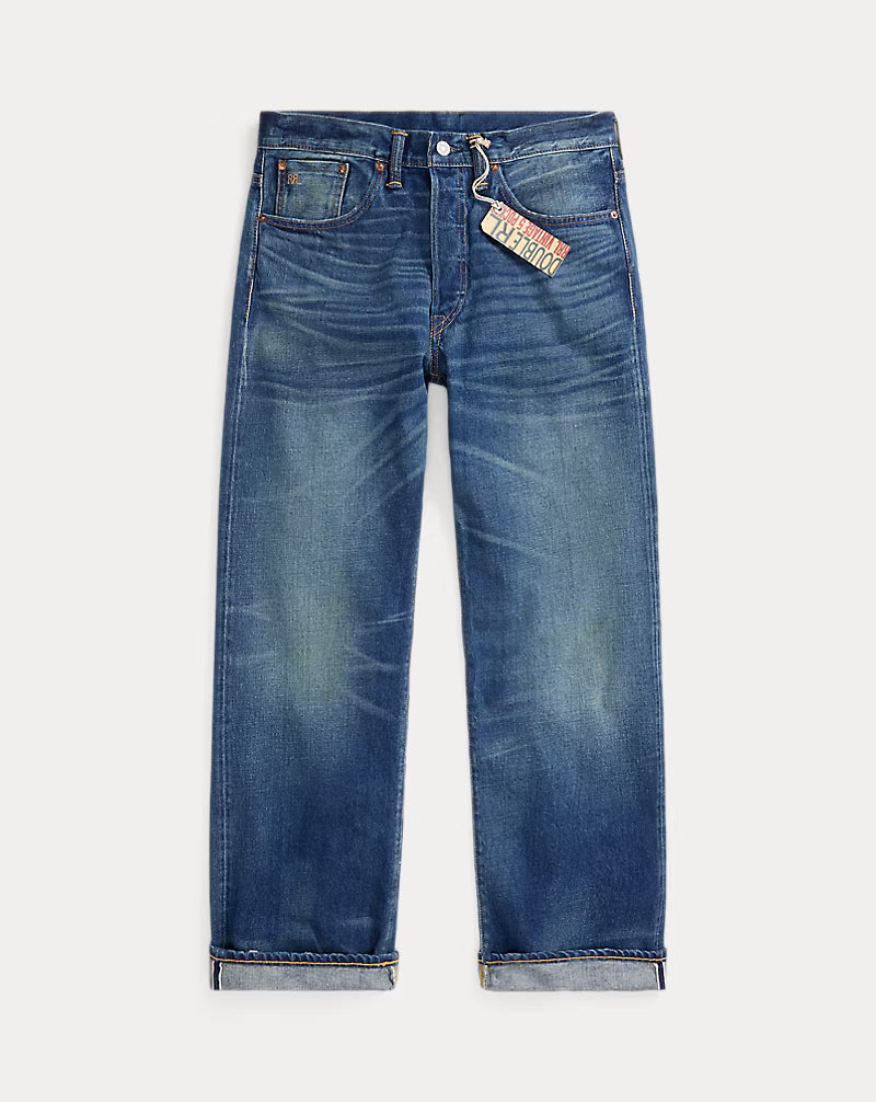 Blue jeans with a Levi's tag on a white background