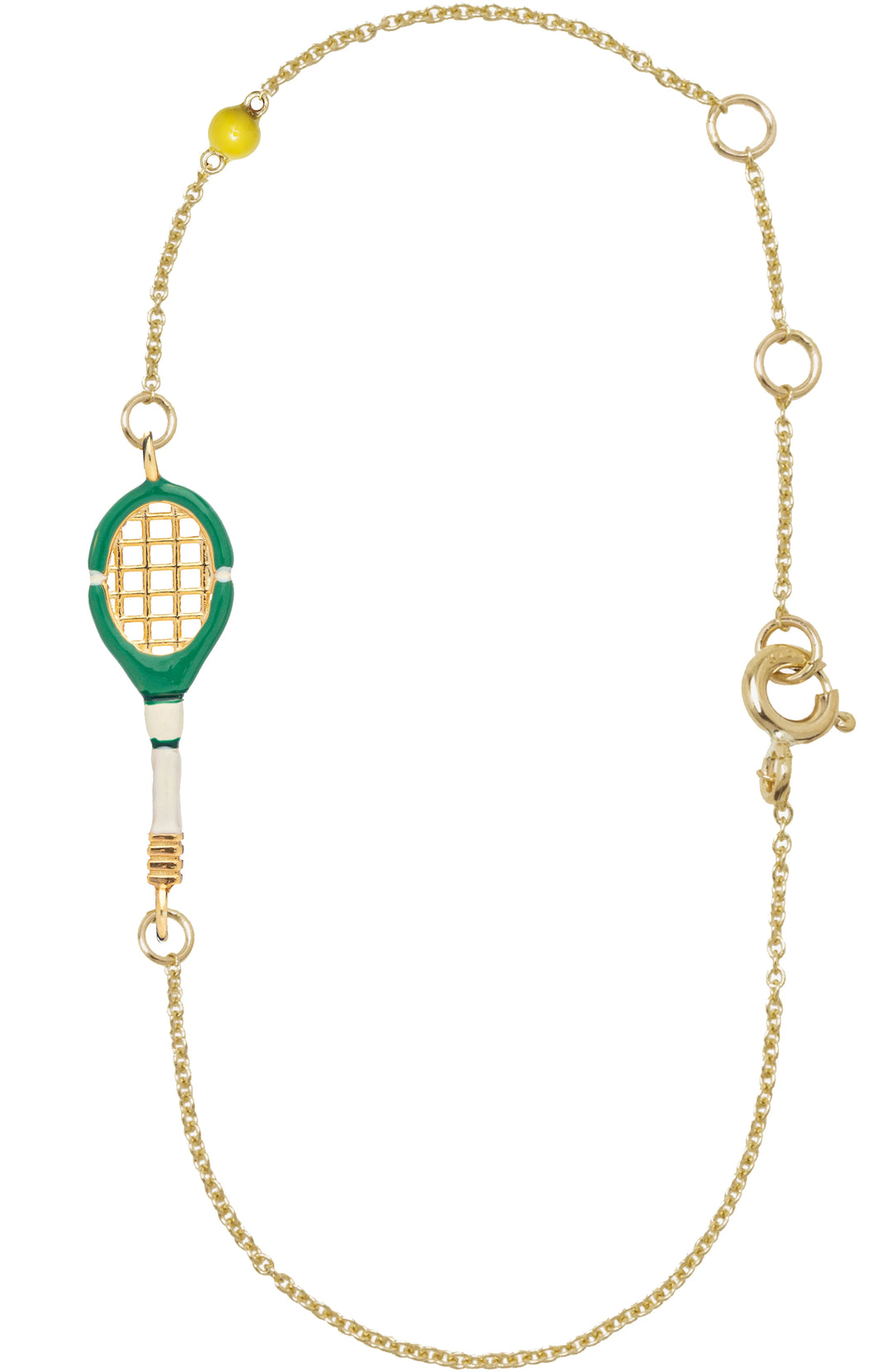 Bracelet with a green tennis racket charm on a gold chain against a white background