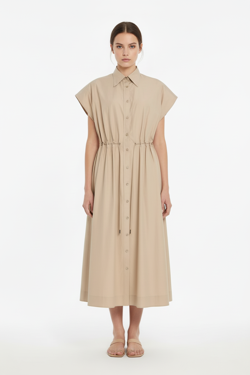 Woman wearing a beige sleeveless dress on a white background