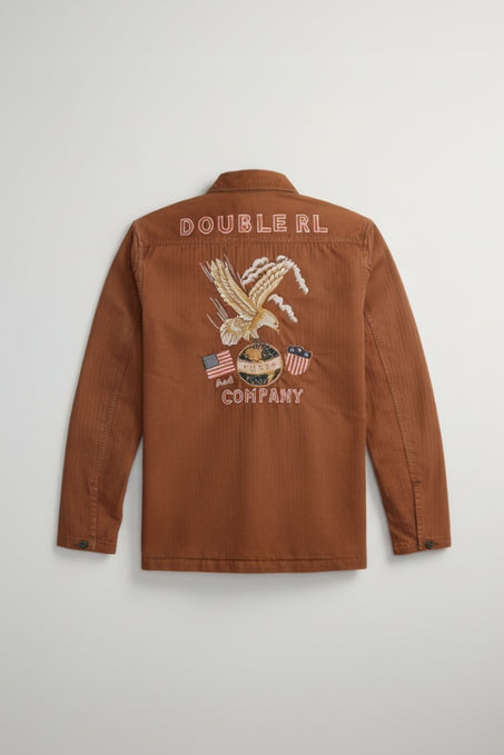 Brown jacket with eagle emblem and 'Double RL' branding on a white background
